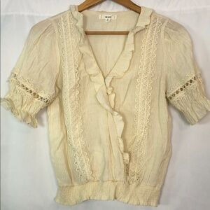 MINE By Anthropologie Cream Ruffle Lace Crinkle Blouse Size M
